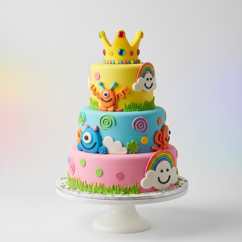 Pastel character-inspired children's cake with shamrock accent