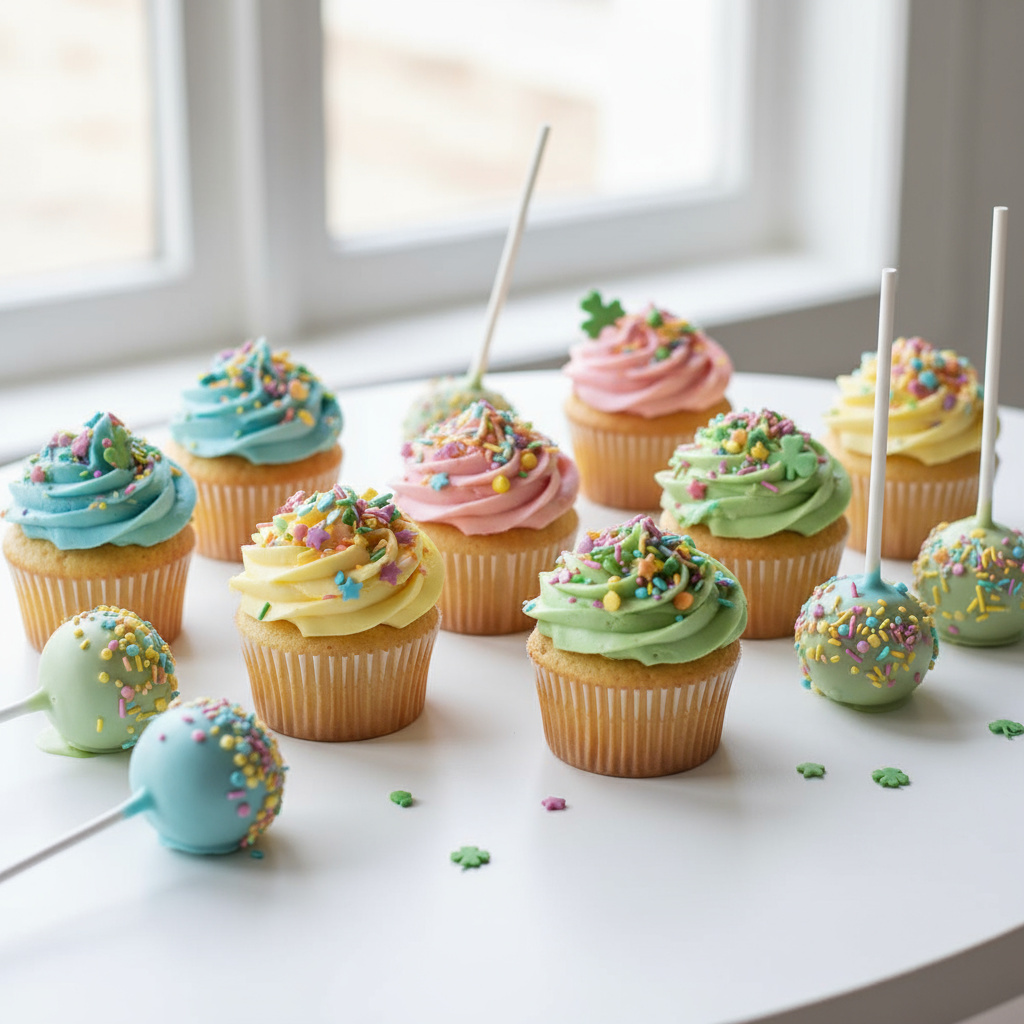Cupcakes and cake pops arranged on a party table